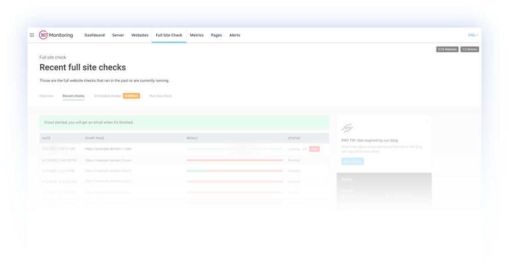 Screenshot raffigurante i servizi di protezione e monitoraggio offerti da 360 Monitoring per i propri siti